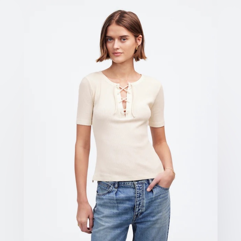 Madewell NWT Ribbed Lace Up Short Sleeve Tee Size XS in Vtg Ivory